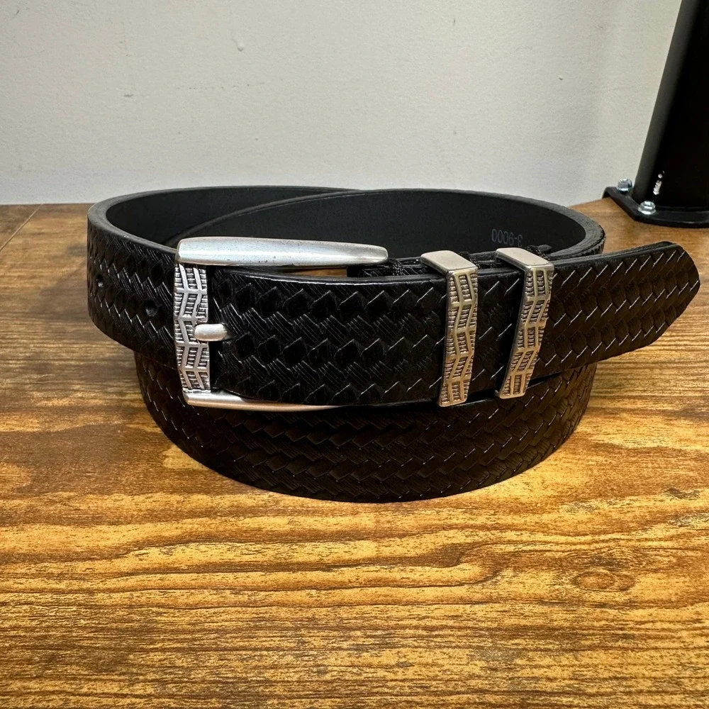 Luciano Bocelli Mens Black Woven Leather Belt Italian Calf Skin Silver Buckle 34